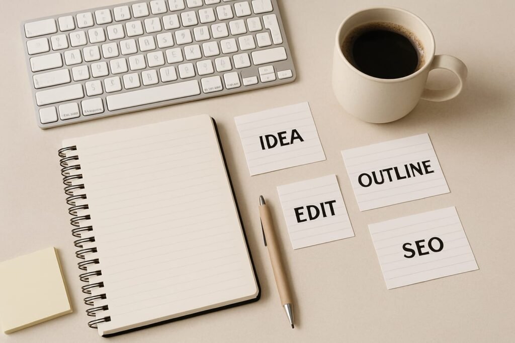 Notebook, keyboard, and sticky notes with content planning icons and prompt cards on a desk