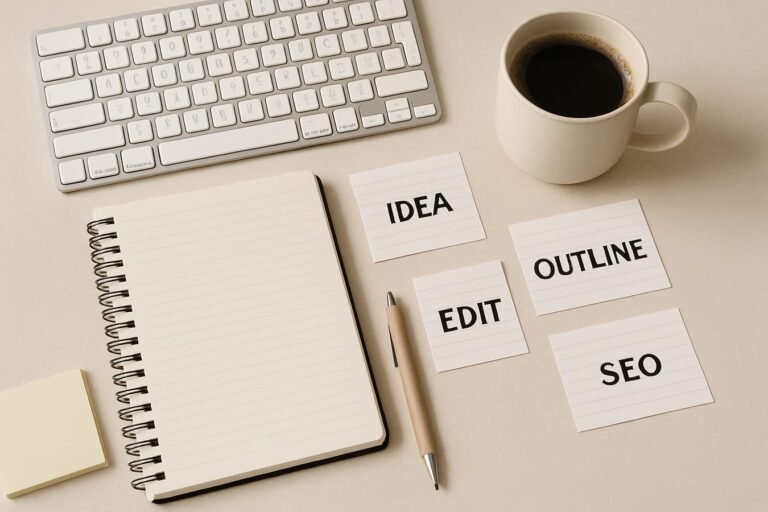 Notebook, keyboard, and sticky notes with content planning icons and prompt cards on a desk