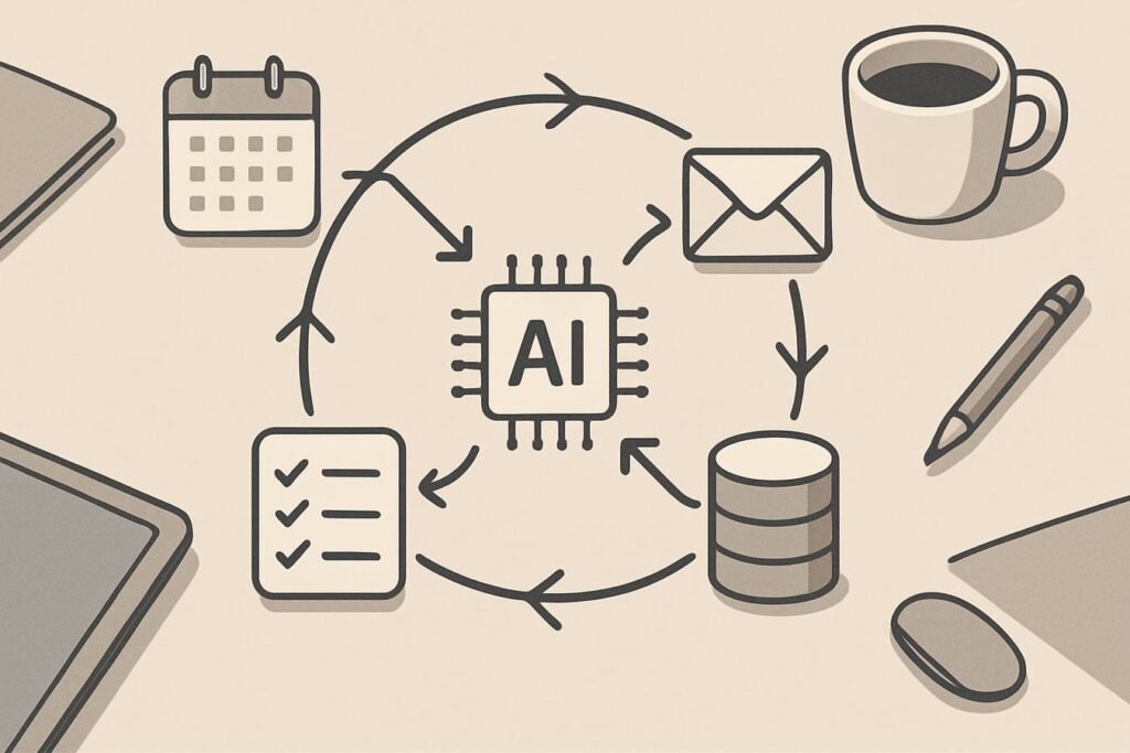 Abstract diagram of an AI agent loop connecting planning, tools, memory, and evaluation