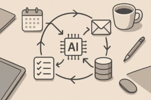 Abstract diagram of an AI agent loop connecting planning, tools, memory, and evaluation