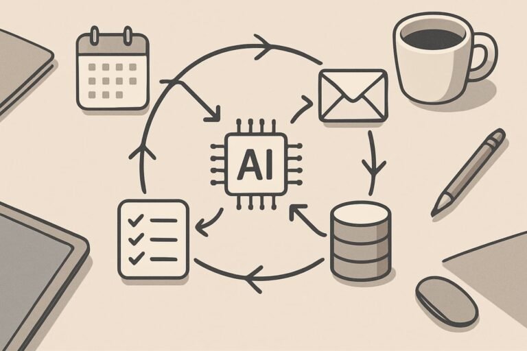 Abstract diagram of an AI agent loop connecting planning, tools, memory, and evaluation