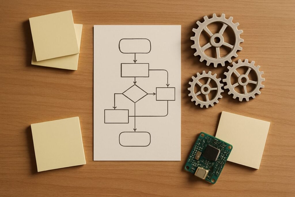 Comparison of AI agent and automation concepts using a flowchart and connected gears on a desk