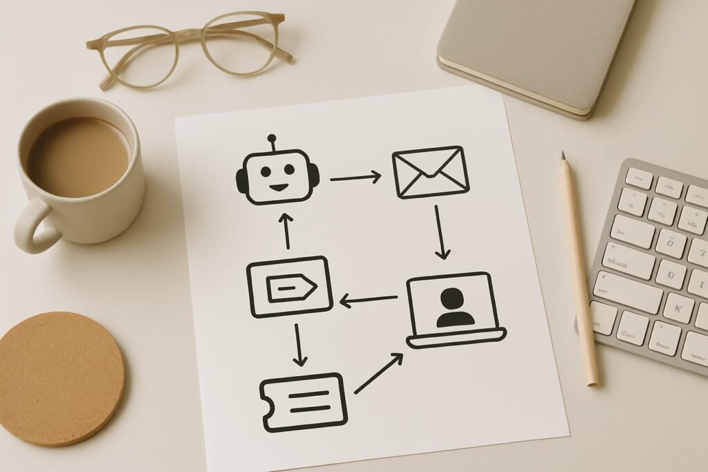 Workflow diagram on a desk with chatbot, CRM, and ticket icons connected by arrows
