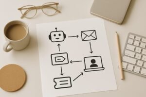 Workflow diagram on a desk with chatbot, CRM, and ticket icons connected by arrows