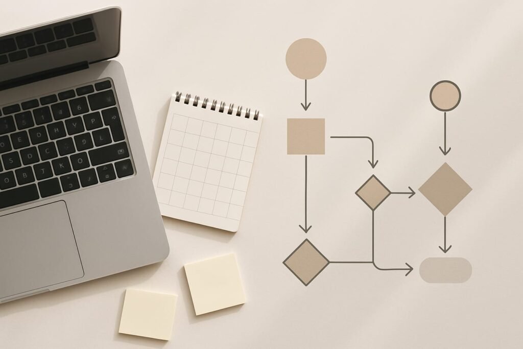 Minimal desk setup with laptop, calendar notebook, and connected workflow icons representing AI automation