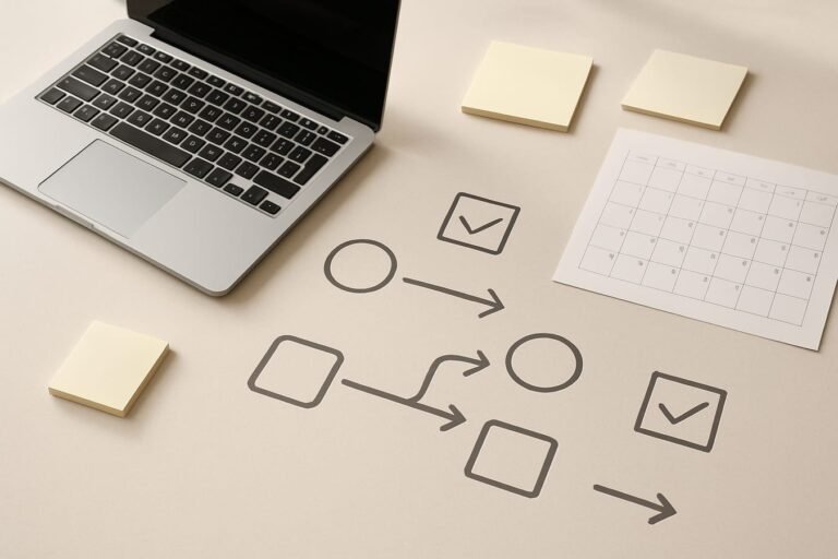 Minimal workspace flat lay with laptop, calendar, sticky notes, and flowchart icons representing AI marketing automation