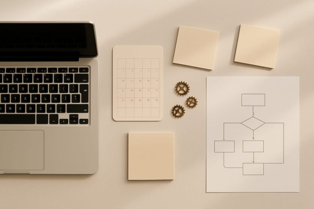 Minimal workspace flat lay with a laptop, calendar page, sticky notes, and gears icons representing automation planning