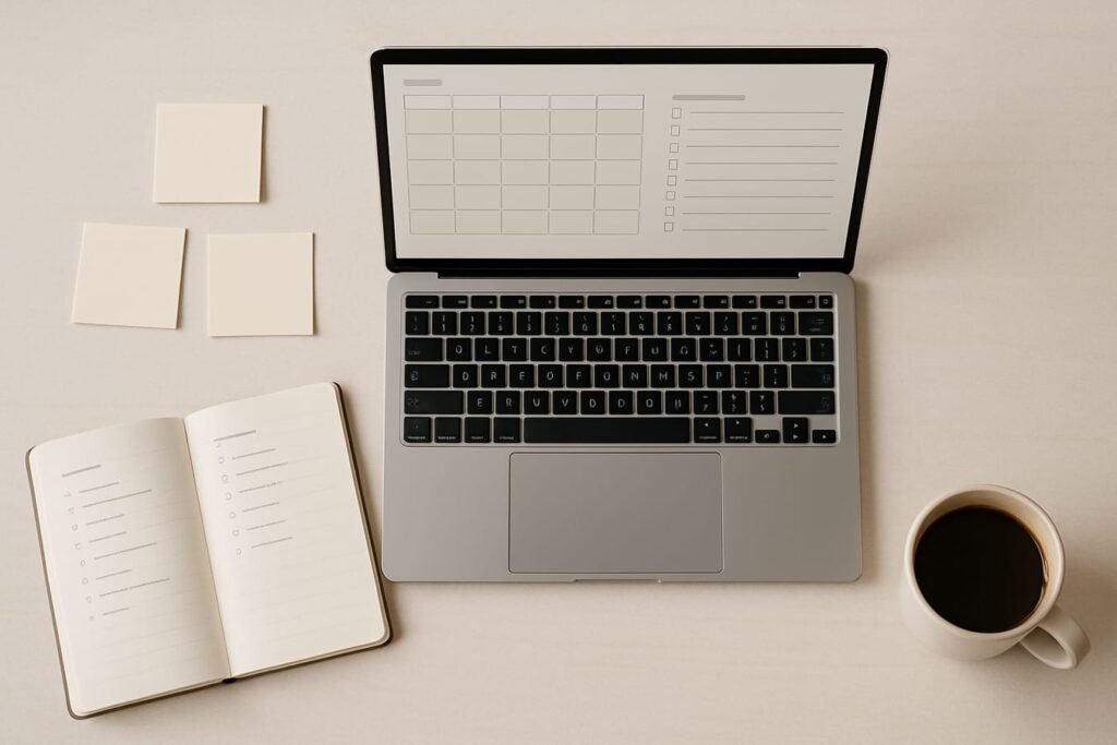 Notebook, sticky notes, and a laptop showing a content calendar and SEO checklist on a desk