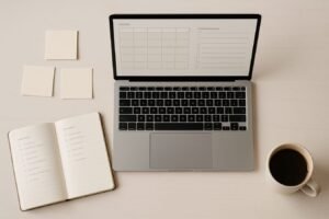 Notebook, sticky notes, and a laptop showing a content calendar and SEO checklist on a desk