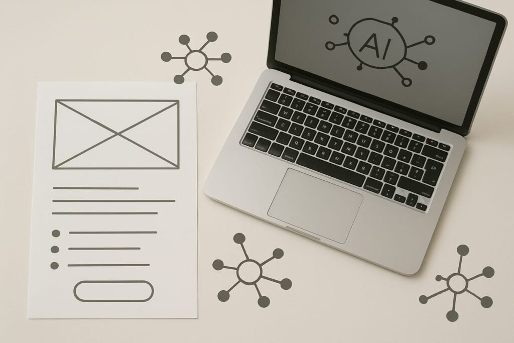 Minimal landing page wireframe with AI nodes and content blocks on a clean grid background