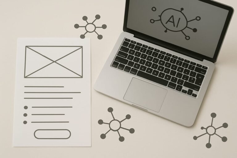 Minimal landing page wireframe with AI nodes and content blocks on a clean grid background