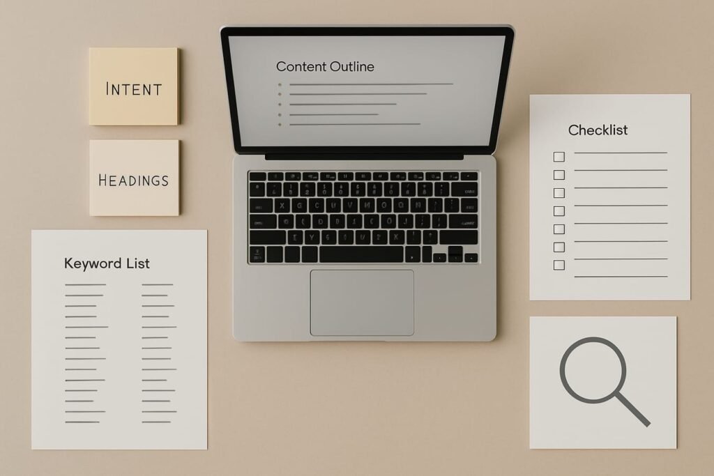 AI-assisted SEO content workflow on a desk with keyword notes, outline, and optimization checklist