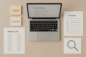 AI-assisted SEO content workflow on a desk with keyword notes, outline, and optimization checklist