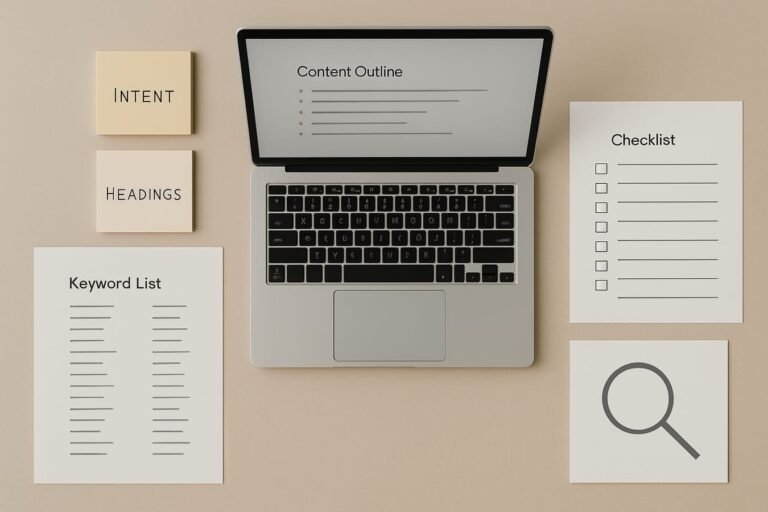 AI-assisted SEO content workflow on a desk with keyword notes, outline, and optimization checklist
