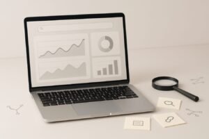 AI and SEO concept with a laptop, magnifying glass, and abstract search graph icons on a desk