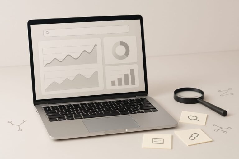 AI and SEO concept with a laptop, magnifying glass, and abstract search graph icons on a desk
