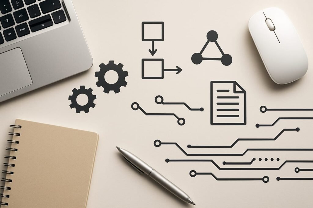 Abstract workspace objects showing automation flowchart icons, gears, and connected nodes