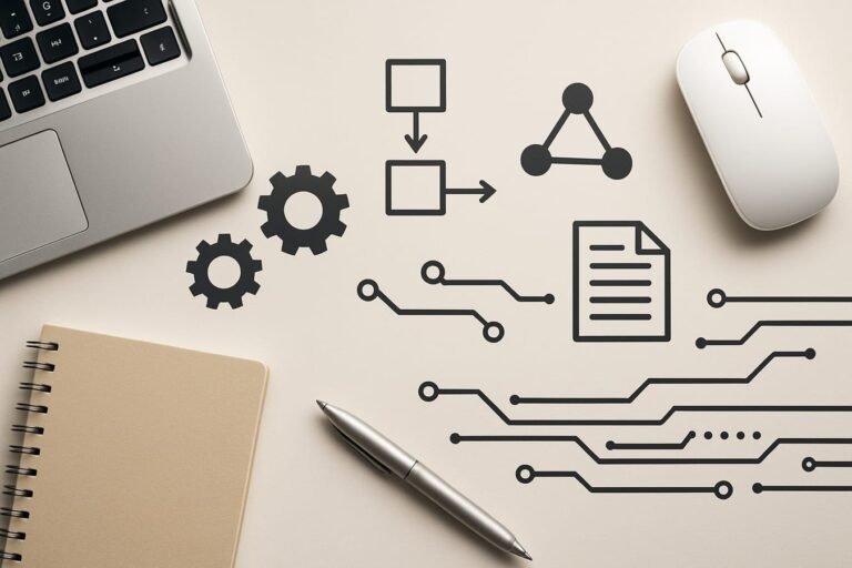 Abstract workspace objects showing automation flowchart icons, gears, and connected nodes