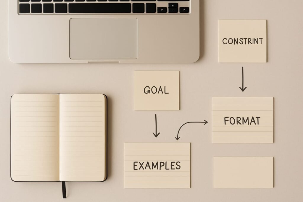 A labeled diagram-style layout of prompt components on sticky notes next to a laptop and notebook
