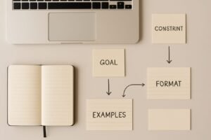 A labeled diagram-style layout of prompt components on sticky notes next to a laptop and notebook