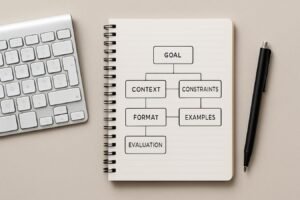Diagram-style layout of prompt components as labeled blocks on a clean desk with notebook and keyboard