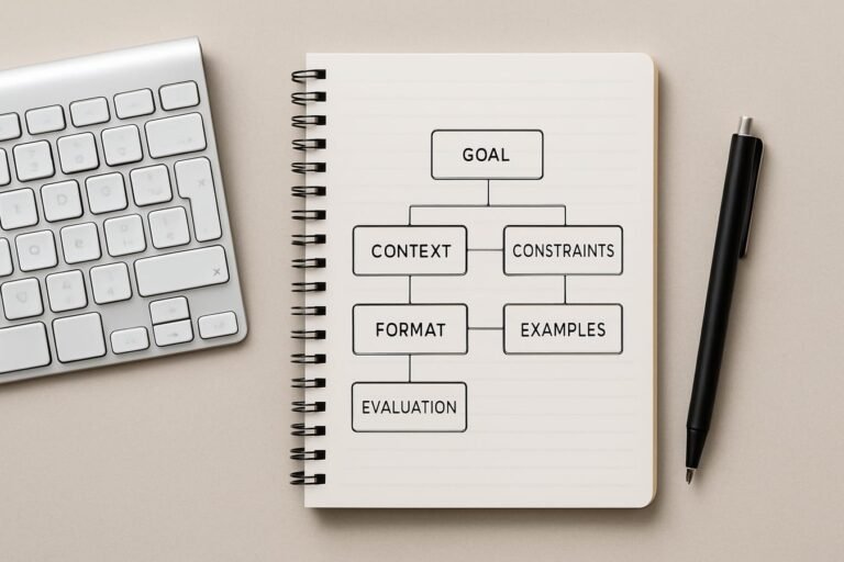 Diagram-style layout of prompt components as labeled blocks on a clean desk with notebook and keyboard