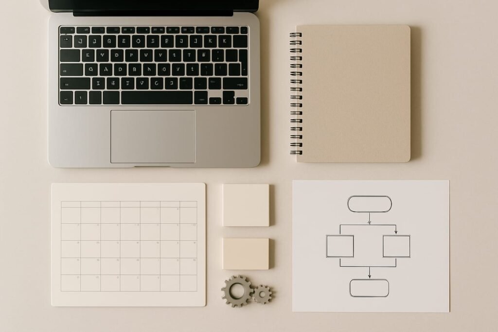 Minimal desk setup with laptop, calendar, gears icons, and flowchart on paper representing no-code AI automation