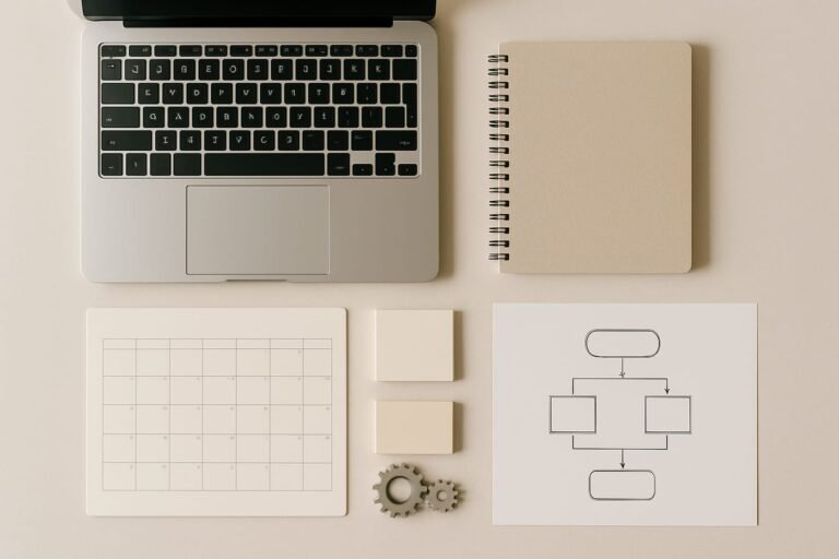 Minimal desk setup with laptop, calendar, gears icons, and flowchart on paper representing no-code AI automation