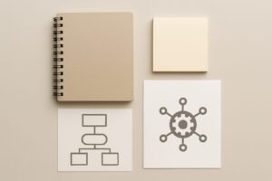 Illustration of connected nodes representing AI agent tools and automation steps on a clean workspace background