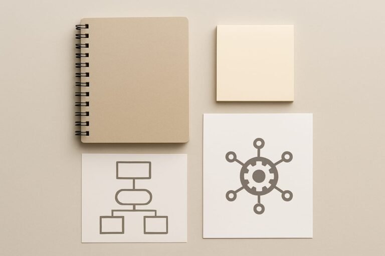 Illustration of connected nodes representing AI agent tools and automation steps on a clean workspace background