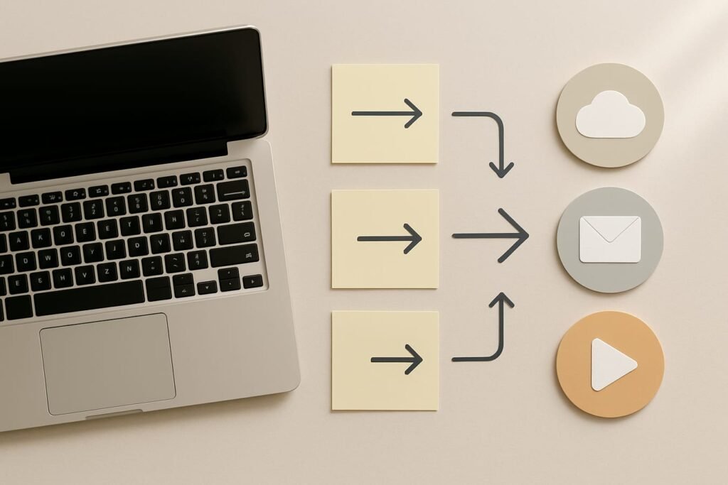 Desktop workspace with connected app icons, flowchart notes, and automation arrows on a clean background