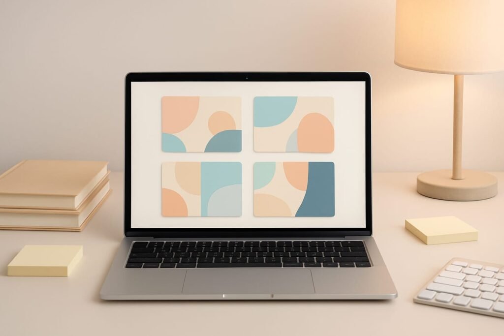 Organized workspace with laptop, prompt cards, notebooks, and abstract AI interface elements