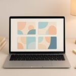 Organized workspace with laptop, prompt cards, notebooks, and abstract AI interface elements