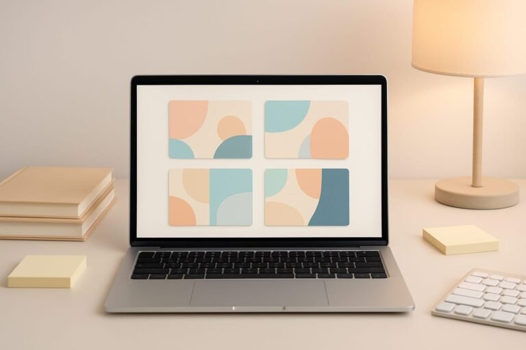 Organized workspace with laptop, prompt cards, notebooks, and abstract AI interface elements