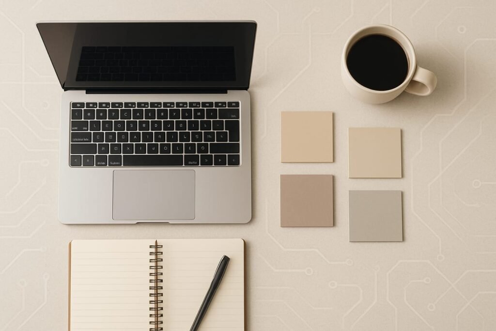 Notebook, laptop, and sticky notes with business planning icons and abstract AI circuit pattern