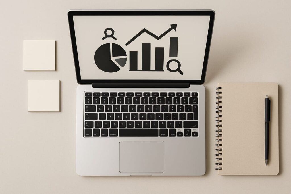 Desk workspace with laptop, sticky notes, and marketing analytics dashboard icons in a clean flat lay