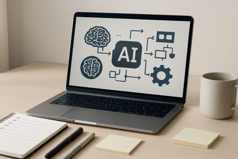 Desktop workspace with laptop, notebook, sticky notes, and abstract AI icons on screen