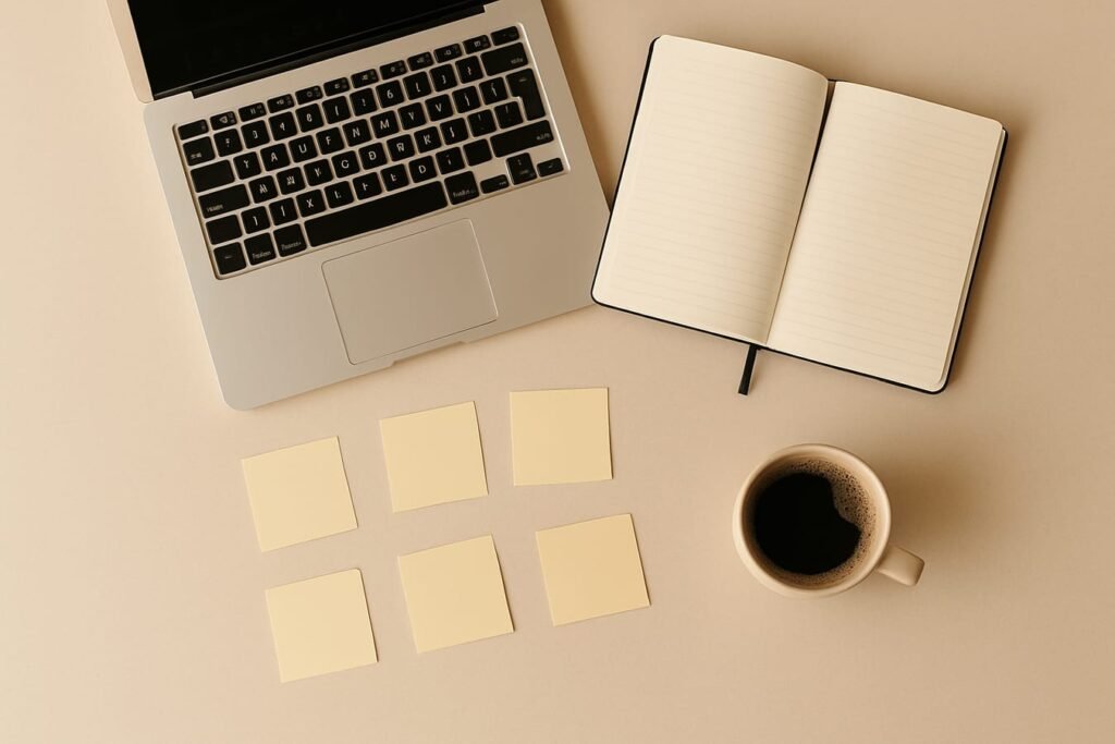Open notebook and laptop with sticky notes showing prompt templates and marketing planning