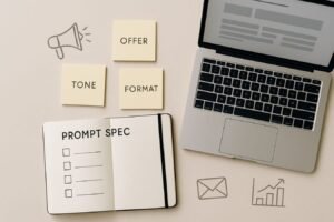 Desk scene with notebook, prompt checklist, and laptop showing text blocks and marketing icons, no people