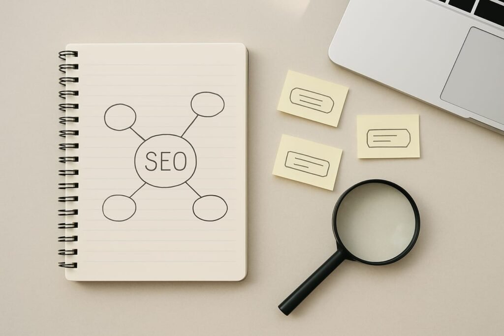 Notebook, magnifying glass, and keyword map sticky notes on a desk for SEO prompt planning