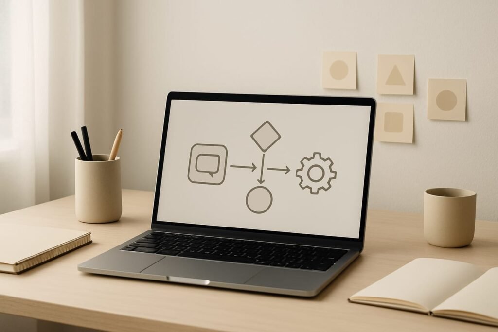 Minimal workspace scene with laptop, flowchart notes, and abstract icons representing chatbot and automated agent