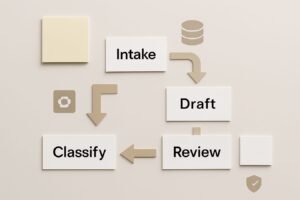 Flowchart-style diagram of an AI-powered business workflow with icons for intake, decision, automation, and review