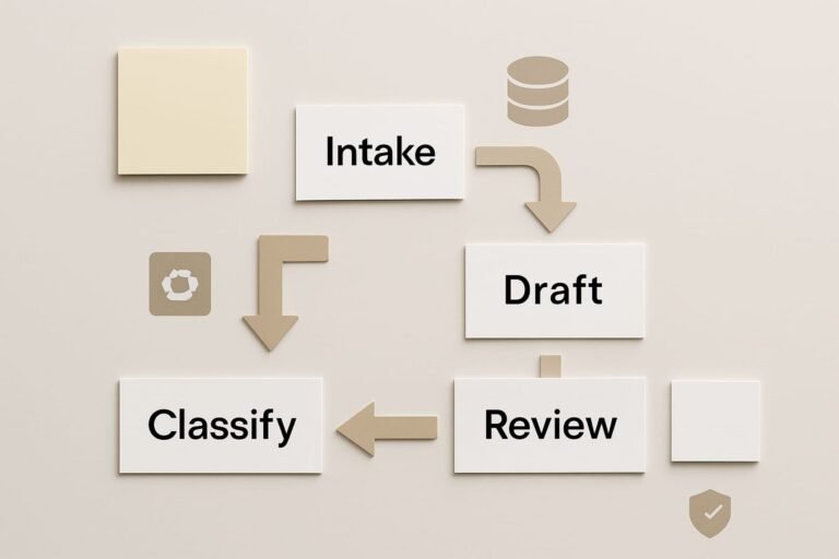 Flowchart-style diagram of an AI-powered business workflow with icons for intake, decision, automation, and review