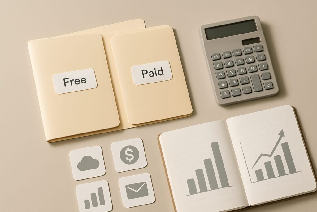 Comparison of free and paid AI tools represented by a split desk with a notebook, calculator, and app icons on a neutral background