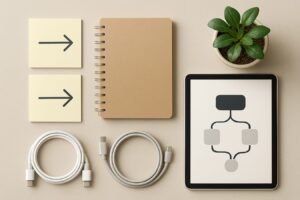 Minimal office desk with workflow diagram icons on sticky notes and a small server rack in the background, representing AI automation