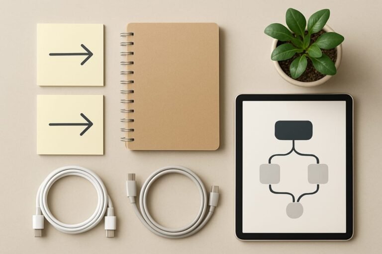 Minimal office desk with workflow diagram icons on sticky notes and a small server rack in the background, representing AI automation