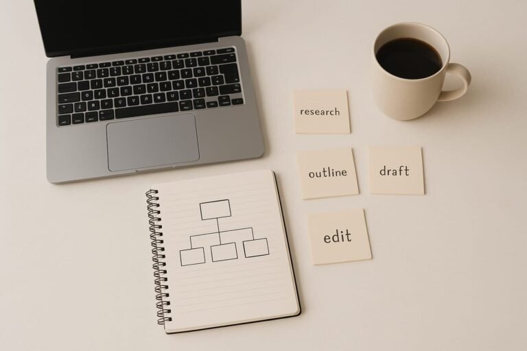 Laptop, notebook, and sticky notes showing an AI-assisted blog workflow concept