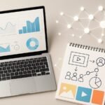 Abstract illustration of AI-driven marketing with analytics dashboard, content icons, and interconnected nodes on a neutral background