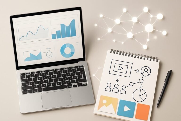 Abstract illustration of AI-driven marketing with analytics dashboard, content icons, and interconnected nodes on a neutral background