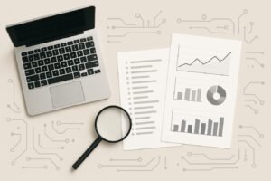 Abstract illustration of AI and search optimization using charts, keywords, and web page icons